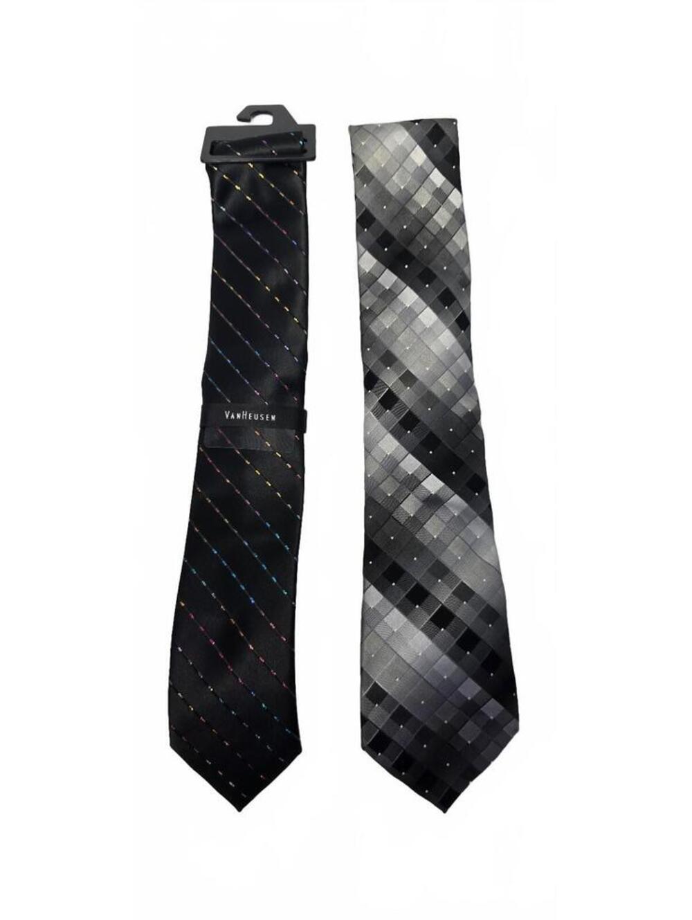 Van Heusen Men's Silk Ties Set of 2 - Black Multicolor & Gray Checkered Patterns